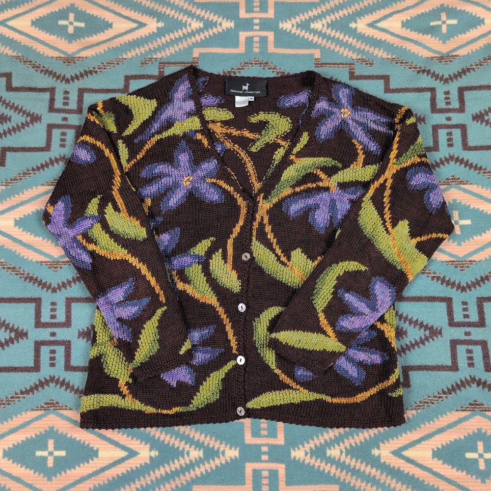 Peruvian Connection Size Medium Floral Green Purple Art-to-Wear Cardigan Sweater